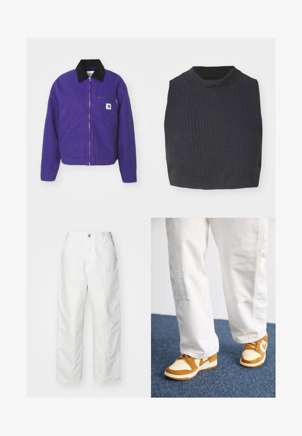 Carhartt WIP DETROIT JACKET - Übergangsjacke - aura/black; Gekürztes, geripptes Oberteil in Dunkelblau mit hohem Kragen und dezentem Nike-Logo. Der Stoff hat ein strukturiertes, elastisches Erscheinungsbild.; Weiße Cargo-Hosen aus Denim mit lockerer Passform, Seitentaschen und sichtbaren Nähdetails. Schlichte Vorderseite mit Knopfverschluss.; Braune und cremefarbene Sneaker aus Wildleder und Leder, mit perforierter Zehenpartie, Schnürsenkeln und weißen Sohlen. Getragen mit weißen Hosen.