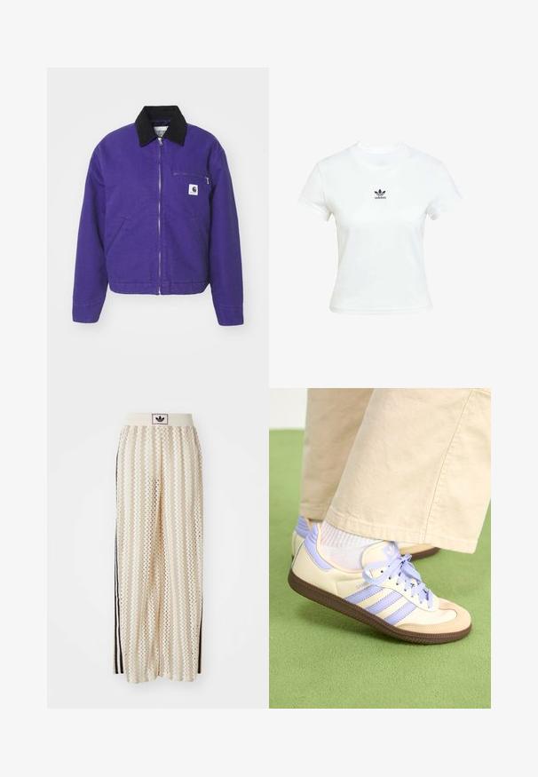 Carhartt WIP DETROIT JACKET - Light jacket - aura/black; White cotton t-shirt with short sleeves and a crew neckline. Features a black Adidas logo printed on the chest. Simple, minimal design.; Cream-colored wide-leg pants with a zigzag pattern, featuring a black logo waistband and side black stripes. Lightweight, textured fabric.; Cream and lavender sneakers with three stripes and a textured brown sole, featuring laces and a padded heel. Soft fabric upper.