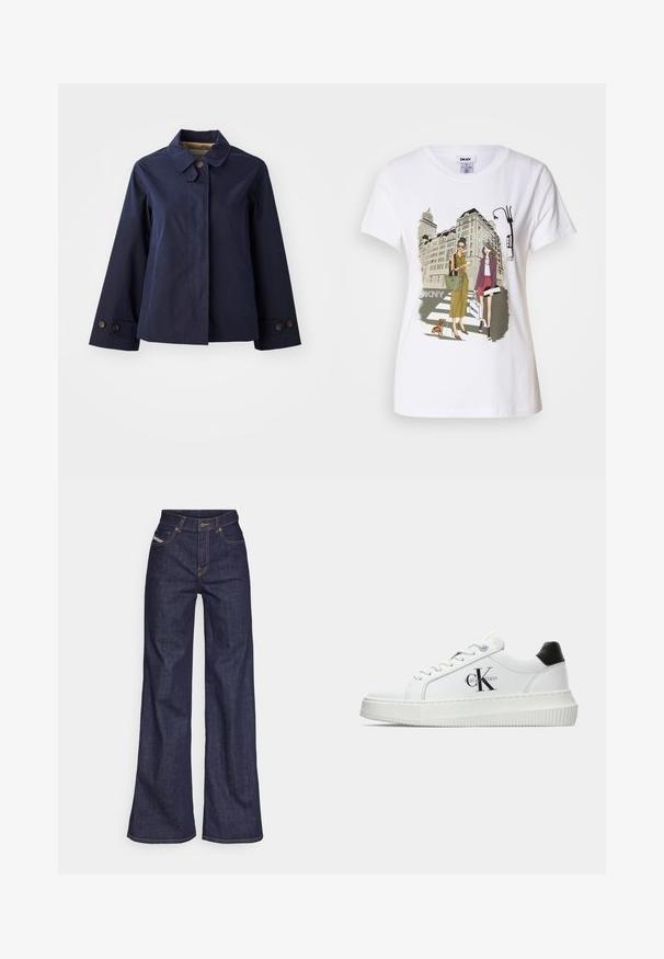 GANT Καλοκαιρινό μπουφάν - evening blue; Λευκό βαμβακερό T-shirt που διαθέτει μια εκτυπωμένη απεικόνιση δύο γυναικών σε αστικά στυλ μόδας με έναν σκύλο σε διάβαση και κτίρια πόλης.; Σκούρο μπλε παντελόνι τύπου wide-leg από τζιν ύφασμα με ψηλή μέση, διακοσμημένο με πορτοκαλί ραφές, πέντε τσέπες και κουμπωτή κλείσιμο.; Λευκό αθλητικό παπούτσι χαμηλού προφίλ με μαύρη ταμπέλα στη φτέρνα, πλατφόρμα, κορδόνια και λογότυπο "CK" της Calvin Klein στο πλάι.