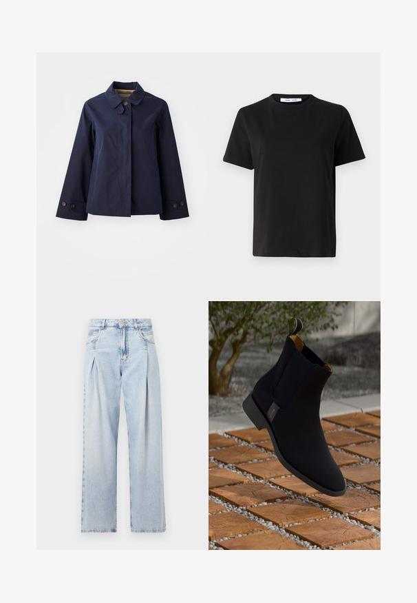 GANT - Kurtka wiosenna; Czarny t-shirt z krótkim rękawem wykonany z miękkiej bawełny, z okrągłym dekoltem, luźnym krojem i gładką fakturą. Bez widocznych wzorów ani grafik.; Jasnoniebieskie dżinsy z wysokim stanem, szerokimi nogawkami, dwoma bocznymi kieszeniami oraz plisowanym wzorem. Miękka tekstura z wyblakłym wykończeniem.; Czarne skórzane botki za kostkę o gładkim wykończeniu, żółta podszewka i uchwyt do zakupu; ustawione na teksturowanej powierzchni drewna i żwiru.