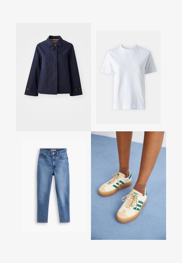 GANT Jachetă de vară - evening blue; Tricou alb din bumbac, cu guler rotund, mâneci scurte, croială dreaptă și textură netedă. Fără modele sau embellishments.; Jeans pentru femei, de culoare albastră, cu talie înaltă, cu închidere frontală cu nasture și fermoar, bucle pentru curea și design cu cinci buzunare, așezate pe un fundal alb.; Adidași bej cu dungi verde închis, talpă din cauciuc, parte superioară din suede și material textil, și accesorii neutre, asortați cu șosete maro pe o suprafață de culoare albastră deschisă.