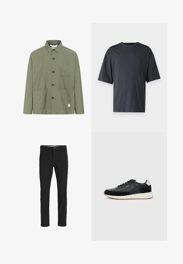 Olivinės spalvos marškiniai su apykakle, dviem priekinėmis kišenėmis ir etiketėmis ant apačios. Lengvas, textūruotas audinys, tiesus kirpimas.; Tamsiai pilkas trumpas rankovėmis marškinėliai, pagaminti iš lengvos medvilnės, su laisvu kirpimu ir klasikinės apvalios iškirptės dizainu, be raštų ir su vientisu paviršiumi.; Juodi medvilnės mišiniai kelnės su siauru siluetu, su mygtuko uždarymu, kišenėmis ir sukamučiais galais, suteikiančiais laisvalaikio stilių.; Juodos kedės, pagamintos iš tekstūruotos odos ir zomšos, su balta pado viduriu ir guminiu pado apvalkalu. Juostos atitinka juodą spalvą.