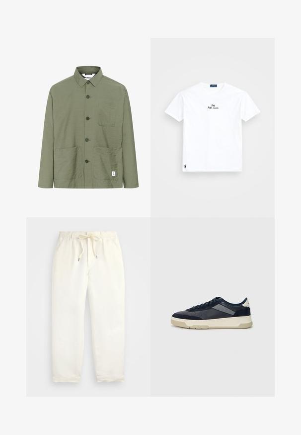 Oliwkowa koszula z guzikami, z kołnierzykiem, dwoma przednimi kieszeniami i metką na dolnym końcu. Lekka, teksturowana tkanina, o prostym kroju.; Biała bawełniana koszulka z okrągłym dekoltem, krótkimi rękawami, czarnym haftowanym logo "Polo Ralph Lauren" na klatce piersiowej i małym czarnym logo na dolnym brzegu.; Jasna kremowa, casualowa para spodni wykonanych z miękkiego materiału. Posiada elastyczny pas ze sznurkiem i zwężający się krój nogawek.; BOSS BALTIMORE niebieski