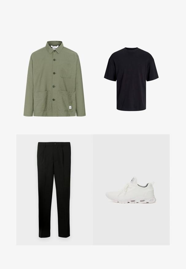 Olive green button-up shirt with a collared neckline, two front pockets, and a tag on the hem. Lightweight, textured fabric, and straight cut.; Black cotton t-shirt with a crew neckline, short sleeves, and a relaxed fit. Smooth texture and no visible patterns or accents.; Black tailored trousers with a flat front, two pleats, a button closure, side pockets, and a straight-leg cut. Made from a smooth fabric.; White athletic shoes featuring a textured knit upper, flat laces, and a cushioned sole with visible air chambers for added support.