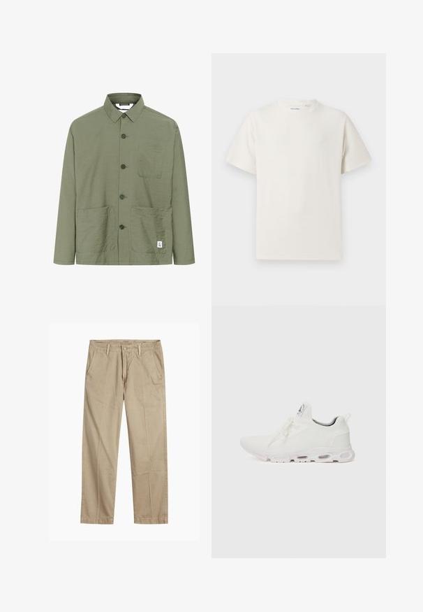 Olive green button-up shirt with a collared neckline, two front pockets, and a tag on the hem. Lightweight, textured fabric, and straight cut.; White short-sleeve T-shirt in a ribbed texture. Round neckline, relaxed fit, no visible patterns or accents. Simple and versatile design.; Beige straight-leg chinos with belt loops, front button and zipper closure, and slant front pockets.; White athletic shoes featuring a textured knit upper, flat laces, and a cushioned sole with visible air chambers for added support.