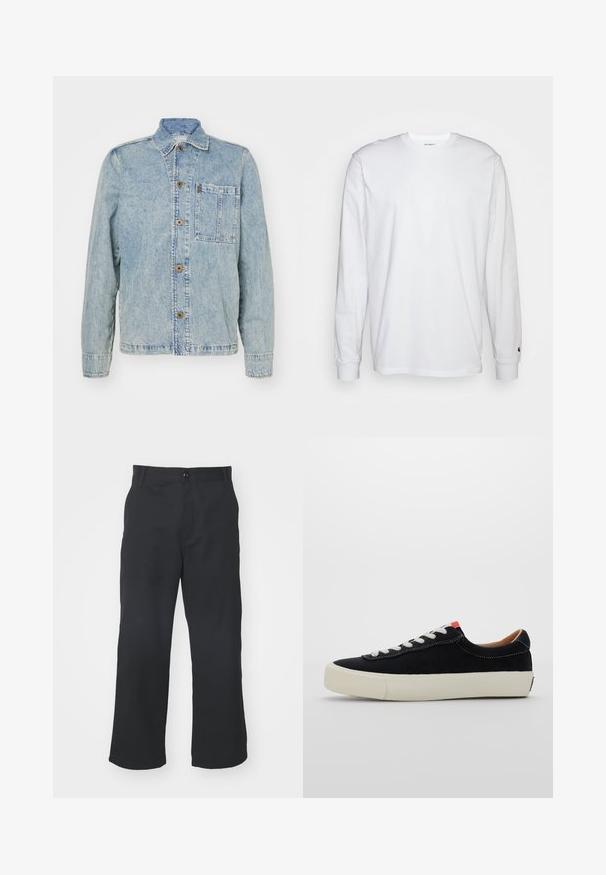 Svijetloplava traper jaka s klasičnim ovratnikom, prednjim gumbima i džepom na prsima. Ima opušteni kroj i vidljive detalje šavova.; Bijela dugopruga majica s dugim rukavima od pamuka. Dizajn s okruglim izrezom, rebrastim manžetama i malim logotipom na lijevom rukavu. Glatka tekstura.; Crne ravne hlače izrađene od tkanine s glatkom teksturom, s prednjim zatvaranjem na dugme i standardnim džepovima.; Crne platnene tenisice s bijelim vezicama, bež guma sole i crvenim akcentom na peti. Zaobljen vrh i minimalni detalj šivanja.