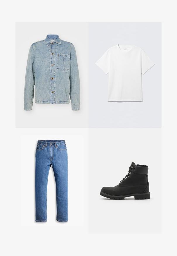 Heledsinine denim-jakk klassikalise kraega, eesnuppudega ja rinna taskuga. Omab lõdva istuvust ja nähtavaid õmbluse detaile.; Valge lühikeste varrukatega puuvillane T-särk, millel on ümarsärk ja lõdvestunud lõige. Kangas on sile ja ühtlase tekstuuriga.; Sinine denimist teksapüksid otse lõikega, viie taskuga, nööpide sulgemisega ja puhase valge tausta peal oranzide õmblustega.; Mustadainine mustad nahast jalatsid kummitaldadega, metallist silmade, paelte ja pehme sünteetilise karvkattega ülaosas.