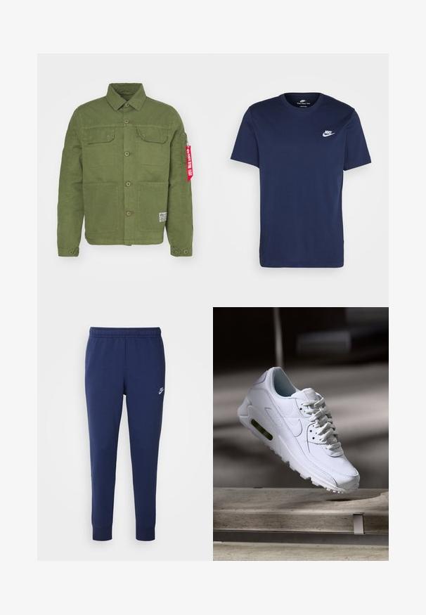 Zelena bombažna jakna z dvema sprednjima žepoma, gumbom za zapiranje in rdečo tkaninsko oznako na rokavu. Ima ovratnik in detajle na rami.; Temno modra bombažna majica s krojem okroglega izreza in kratkimi rokavi. Ima belo Nikejevo oznako na levi strani prsnega koša in ravno spodnje rob.; Temno modre Nike trenerke iz mehkega bombažnega materiala, z elastičnim pasom, zoženimi hlačnicami in majhnim belim logotipom na strani.; Bela usnjena teniska obutev s teksturiranimi površinami, podloženim ovratnikom in vidnim zračnim blaženjem v podplatu. Vsebuje vezalke in minimalističen dizajn.