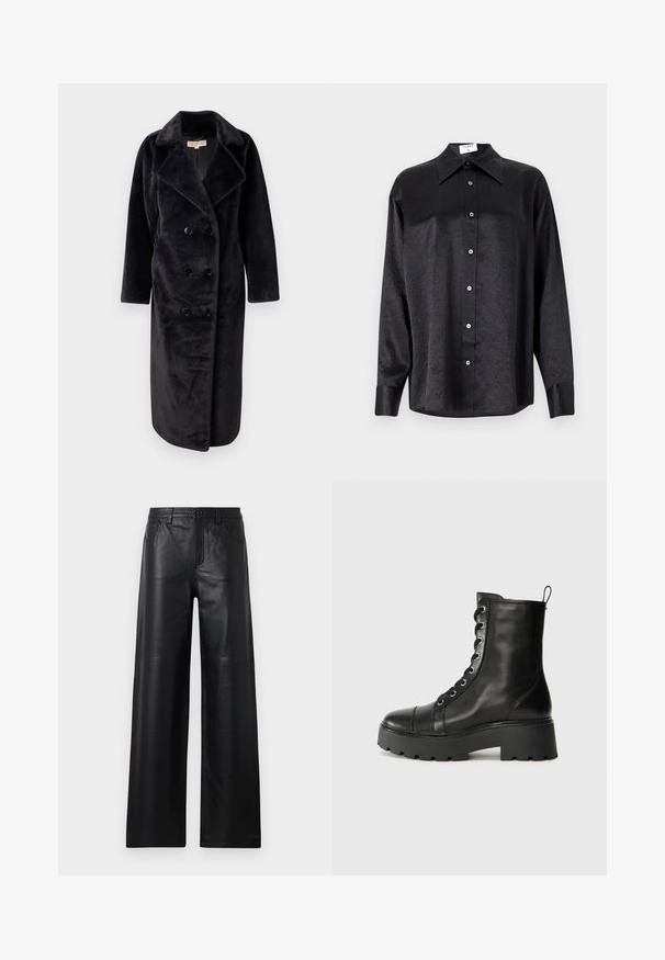 Διπλής όψης μαύρο ψεύτικο γούνινο παλτό με γιακά notch, μακριά μανίκια και έξι κουμπιά. Μαλακή υφή και μεσαίου μήκους σχέδιο.; Μαύρο πουκάμισο μακρύ μανίκι με γιακά, πλούσια υφή, πλήρη κουμπί μπροστά και μανσέτες. Φτιαγμένο από μαλακό ύφασμα.; Πλατειά μαύρα δερμάτινα παντελόνια με λεία υφή, διαθέτοντας μπροστινές τσέπες, κλείσιμο με κουμπί και διακριτές ραφές.; Μαύρο δερμάτινο μποτάκι αστραγάλου με στρογγυλή μύτη, χοντρή ελαστική σόλα και μεταλλικά μάτια. Διαθέτει σχέδιο με κορδόνια και θηλιά στο πίσω μέρος.