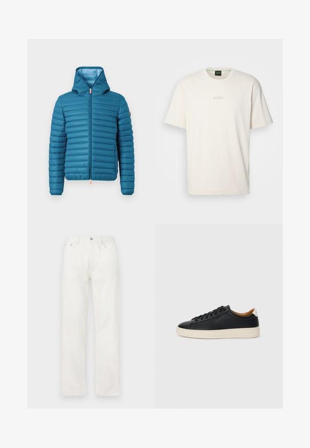 Teal pufasta jakna s kapuljačom, horizontalni kvadratični dizajn, potpuni zatvarač i podesivi rub. Ima bež detalj na ramenu.; BOSS TEE - Osnovna majica kratkih rukava - open white; Bijele traperice s ravnim nogavicama, zatvaranjem na dugme i munju, dizajnom s pet džepova i bez vidljivih uzoraka ili naglaska.; Crne kožne tenisice s glatkom teksturom, bež gumeni đon, dizajn s vezicama i kontrastni detalj na peti.