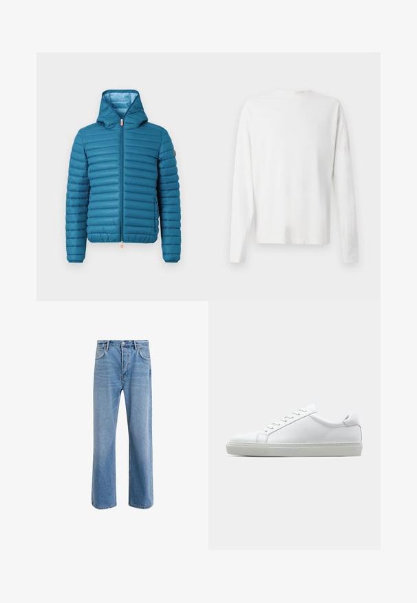 Casaco puffer teal com capuz, design acolchoado horizontal, fecho de correr completo e bainha ajustável. Apresenta um detalhe em bege no ombro.; Camisa de algodão branca de mangas longas com decote redondo, fendas laterais na parte inferior e uma textura suave, mostrada de trás.; Calças de ganga azul claro com um design de perna reta, cinco bolsos, fecho de botão, desgaste mínimo e detalhes de costura em contraste.; Sapatilha branca com um cabedal em couro liso e de perfil baixo. Apresenta um bico redondo, seis ilhoses e uma sola de borracha texturizada.