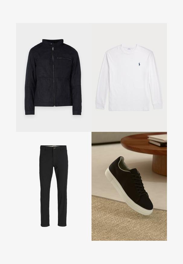 Juodas švarkas, pagamintas iš zomšos primenančios medžiagos, su stovinčiu apykakle, priekiniais užtrauktukais ir užtrauktuku užsegama krūtine. Paprastas dizainas su pritaikytu siluetu.; Balta ilgomis rankovėmis marškinėliai iš medvilnės. Gali būti apvalios formos kaklas, raukšlės ant rankovių, ir nedidelis tamsiai mėlynas polo logotipas kairėje krūtinės pusėje.; Juodi medvilnės mišiniai kelnės su siauru siluetu, su mygtuko uždarymu, kišenėmis ir sukamučiais galais, suteikiančiais laisvalaikio stilių.; Juodas sportinis batelis su baltu padu, lekiančius virš smėlio spalvos tekstūruoto kilimo šalia apvalaus medinio stalo su sukrautomis knygomis.