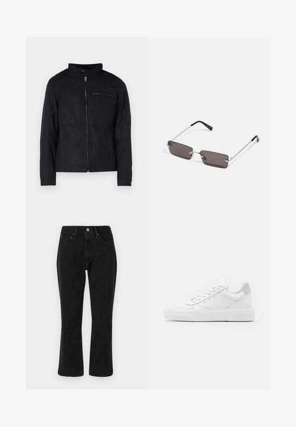 Čierna bunda vyrobená z materiálu podobného semišu, s vyšším golierom, predným zipsom a zipsovou náprsní kapsou. Jednoduchý dizajn s prispôsobeným strihom.; Biele bavlnené tričko s krátkymi rukávmi, okrúhlym výstrihom a červeným grafickým textom "CHUTNÉ OSVIEŽUJÚCE OVOCIE" na prednej strane.; Čierne denimové džínsy s pravým strihom, päť vrecúškovým štýlom a kovovými detailmi s medenými akcentmi. Hladká textúra a stredný pas.; Biele kožené tenisky s hladkým povrchom, zaoblenou špičkou, plochými šnúrkami a textúrovanou podrážkou. Sivý semišový akcent na päte.; Slnečné okuliare s obdĺžnikovými, tmavosivými sklami, striebornými kovovými rámami a čiernymi plastovými koncami na rúčkach. Ľahký dizajn s nosovými podložkami.