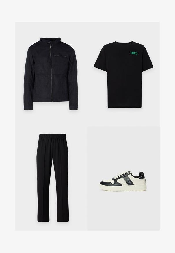 Black jacket made of suede-like material, featuring a stand collar, front zip, and a zippered chest pocket. Simple design with tailored fit.; Black t-shirt made of cotton with short sleeves. Features a green "ROOTS" logo on the front, round neckline, and standard fit.; Black, elastic-waist trousers with a straight-leg design, featuring a smooth texture and no visible patterns or hardware.; Leather sneakers with a black and cream color scheme, featuring perforated accents, a padded collar, and a textured outsole.