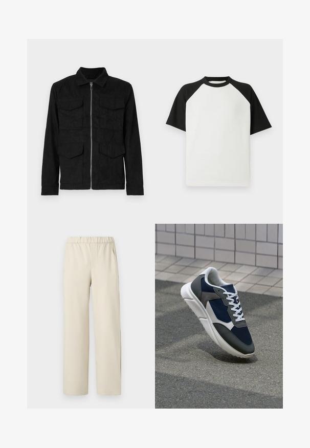 Melnā jaka, kas izgatavota no mīkstas auduma, ar rāvējslēdzēja priekšpusi, divām lielām krūšu kabatām un apkakles izgriezumu.; Melnā un baltā īsām piedurknēm T-kreklā ar ribotu tekstūru; tam ir raglanu piedurknes un apaļa kakla izgriezums.; Beige platīnu bikses ar elastīgu jostasvietu, izgatavotas no mīksta auduma. Iespējam gluda tekstūra un nav redzamu rakstu vai apdari.; Sporta apavi ar tumši zilas krāsas tīkla augšdaļu, pelēku zamšādas akcentiem, baltu gumijas zoli un plakaniem baltiem šņorēm, kas izstrādāti komfortam un elpojamībai.