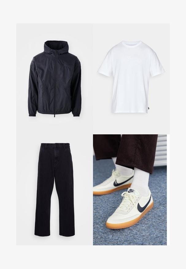 Casaco corta-vento preto com capuz, apresentando um fecho de correr completo, punhos elásticos e bolsos laterais. Tecido texturizado com costuras geométricas.; T-shirt de algodão branco com mangas curtas e decote redondo. Apresenta um pequeno e discreto logótipo da Nike no peito e uma etiqueta lateral.; Calças de denim pretas com um design de perna reta, apresentando um fecho de botão e zíper, passantes para cinto e detalhes de costura mínimos.; Ténis Nike em pele branca com um swoosh azul-marinho, apresentando uma sola de borracha de cor castanha e cordões brancos, combinados com meias brancas de cano curto e calças escuras de veludo cotelê.