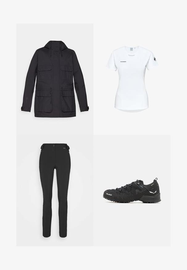 Black waterproof jacket with a hood, two chest pockets, adjustable drawstrings, and a smooth, matte texture. Features snap cuffs.; Short-sleeve white athletic shirt with a round neckline, featuring a logo on the chest and a smooth, lightweight fabric texture.; Black, fitted pants made from a flexible material. Features include a zippered side pocket, articulated knees, and a smooth texture.; Black hiking shoes with a textured fabric upper, lacing system, and rugged rubber sole. Accented with reflective details and logos.