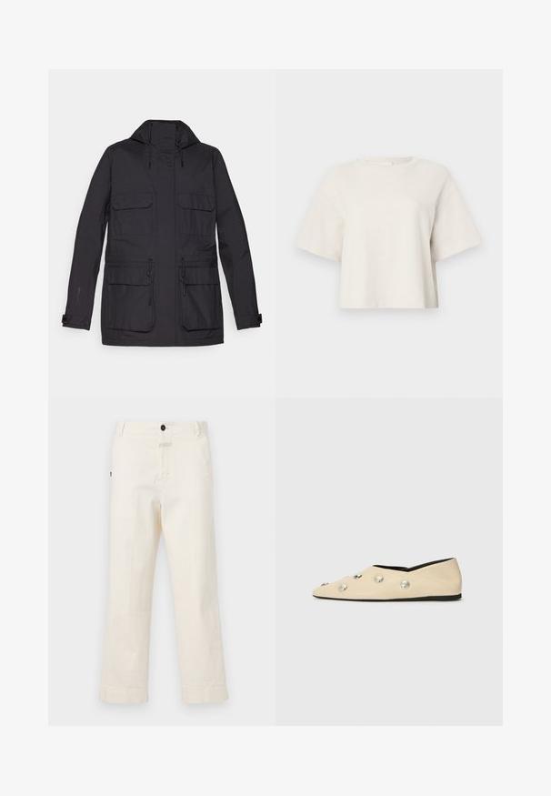 Czarna wodoodporna kurtka z kapturem, dwiema kieszeniami na piersi, regulowanymi sznurkami i gładką, matową teksturą. Posiada zapięcia na zatrzaski przy mankietach.; Kremowa krótka koszulka z miękkiego materiału o prążkowanej strukturze, z okrągłym dekoltem i krótkimi rękawami w luźnym kroju.; Beżowe spodnie bawełniane o prostym kroju, z zapięciem na guzik z przodu oraz kieszenią z okrągłym guzikiem jako akcentem.; CLOSED - Baleriny