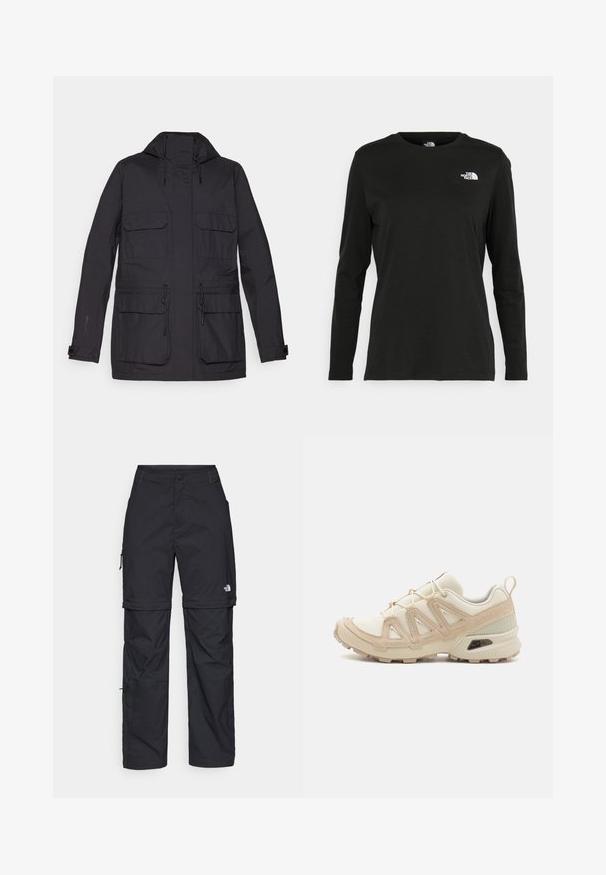 Black waterproof jacket with a hood, two chest pockets, adjustable drawstrings, and a smooth, matte texture. Features snap cuffs.; Black long-sleeve t-shirt made of cotton with a round neck. Features a small white logo on the left chest area. Simple design and fit.; Black nylon zip-off cargo trousers with adjustable cuffs, multiple pockets, and a logo on the right leg. Smooth, lightweight texture.; Beige and cream athletic shoe with textured mesh upper, supportive overlays, and rubber outsole featuring a tread pattern for traction.