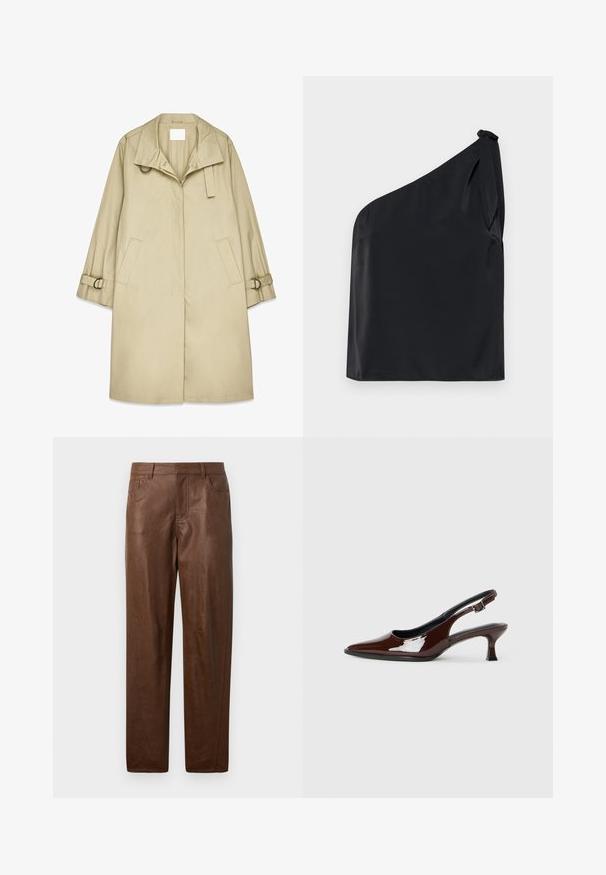 Béžový dažďový plášť so širokým golierom, predným zapínaním, bočnými vreckami a prackami na rukávoch. Hladká, ľahká tkanina s voľným strihom.; Čierny top na jedno rameno z hladkej látky s viazaním na ramene a voľným strihom. Minimalistický dizajn s čistými líniami.; Hnedé kožené nohavice s hladkou textúrou, rovný strih a dve bočné vrecká. Obsahuje viditeľné švy.; Hnedá lakovaná slingback obuv s špicatou špičkou a mierne vysokým opätkom. Obsahuje pracku pre bezpečné upevnenie. Hladká textúra.
