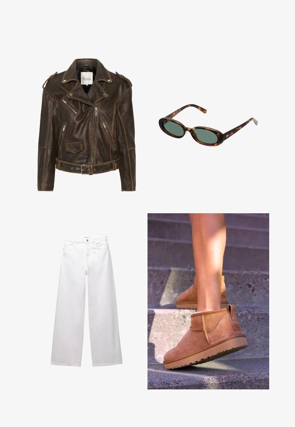 Smeđi kožni motociklistički jakna s više patentnih zatvarača, remenom u struku i podstavljenim ramenima. Ima kontrastne šavove i teksturiranu finish.; V-izrez pulover u krem boji s rebrastom teksturom, s mornarskim obrubom. Nositi preko svijetloplavog košulje s ovratnikom. Dugi rukavi.; Bijele traperice širokih nogavica izrađene od denima. Imaju kopčanje na dugme, prednje i stražnje džepove, te šavove. Glatka tekstura s minimalističkim detaljima.; Smešane čizme od tan velura s mekim tekstilom, sa šavnim detaljima i gumenim đonom, te petom s petljom za lako obuvanje.; Sunčane naočale u boji kornjače s ovalnim okvirom i zelenim staklima. Imaju tanke ručke s metalnim detaljem blizu šarki.; Bijela torba s zakrivljenim siluetom, teksturirana koža, zlatni hardver i izmjenjiva traka s detaljima logotipa i kopčom.