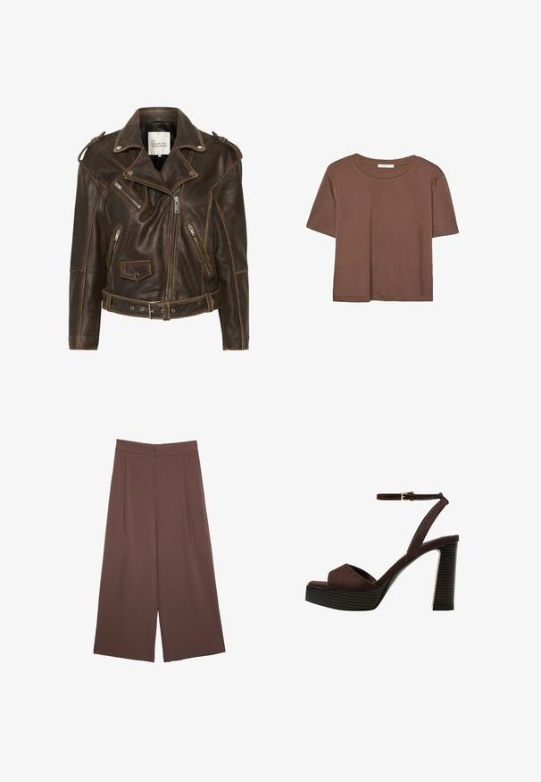 Braune Leder-Motorradjacke mit mehreren Reißverschlüssen, einem Gürtel in der Taille und gepolsterten Schultern. Sie zeichnet sich durch kontrastierende Nähte und eine strukturierte Oberfläche aus.; Braunes, kurzärmliges T-Shirt aus weichem Material mit rundem Halsausschnitt und lockerer Passform. Keine sichtbaren Muster oder Akzente.; Braune Weite-Leg-Hosen mit einer glatten Textur, hoher Taille und Vorderfalten. Der Stoff ist leicht und fällt locker.; Braune Wildleder-Pumps mit offenem Zeh, verstellbarem Knöchelriemen und gestreiftem Plateausohlen.