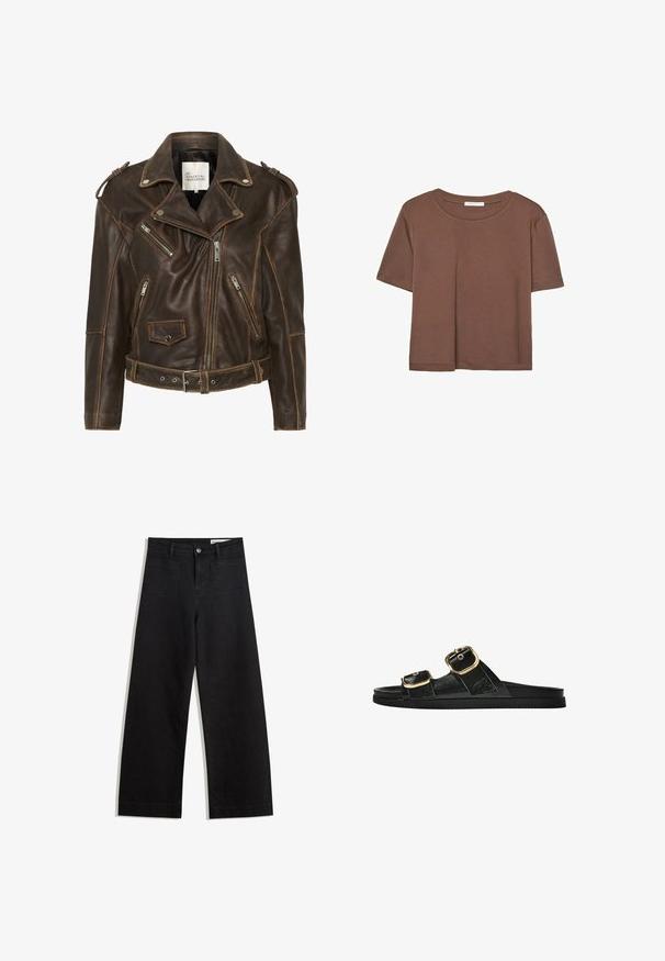 Smeđi kožni motociklistički jakna s više patentnih zatvarača, remenom u struku i podstavljenim ramenima. Ima kontrastne šavove i teksturiranu finish.; Smeđi kratki rukav majica od mekog materijala, s okruglim izrezom i opuštenim krojem. Nema vidljivih uzoraka ili naglasaka.; Crne široke traperice s visokim strukom, s prednjim i stražnjim džepovima, šivenim šavovima i kopčanjem na gumb. Glatka tekstura.; Crne sandale na klizanje s dva zlatna akcenta u obliku kopči, glatkog teksturiranog materijala, ravnim potplatom i minimalističkim dizajnom.