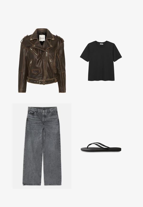 Ruskea nahkainen moottoripyörätakki, jossa on useita vetoketjuja, vyöllinen vyötärö ja pehmustetut olkapäät. Sisältää kontrastiväristä ommelta ja tekstuuripinnante.; Mustahdollinen musta lyhythihainen T-paita pyöreällä kaula-aukolla, pehmeästä puuvillamateriaalista, suoralla helman muotoilulla ja ilman näkyviä kuvioita tai yksityiskohtia.; Laivahousut tummanharmaasta denimestä. Ominaisuuksina korkea vyötärö, viisi taskua ja etupainon sulku. Sujuva pinta hienovaraisella haalistumisella.; Mustat flip-flopit, joissa on röpelöinen kumipohja, kaksi hoikkaa remmiä ja hillitty, kohokuvioitu logotyyli remmissä.