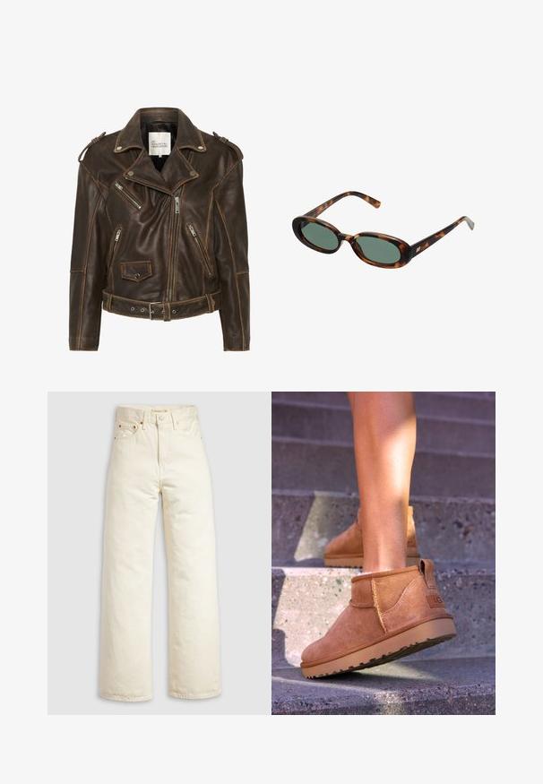 Bruine leren motorjack met meerdere ritsen, een ceintuur in de taille en gevoerde schouders. Beschikt over contrasterende stiksels en een gestructureerde afwerking.; Witte lange mouwen top met een brede halslijn, zijsplitten en een gladde, lichtgewicht stof, met een eenvoudig, minimalistisch ontwerp.; Wijde jeans van off-white denim, met een hoge taille, koperen klinknagels en een klassiek ontwerp met vijf zakken. Gestructureerde stof met nette zomen.; Tamme suède enkelboots met een zachte textuur, gestikte details en een rubberen zool, met een lusvormige hak voor gemakkelijk aan- en uittrekken.; schildpadbril met ovale monturen en groene lenzen. Heeft dunne spijlen met een metalen accent nabij de scharnieren.