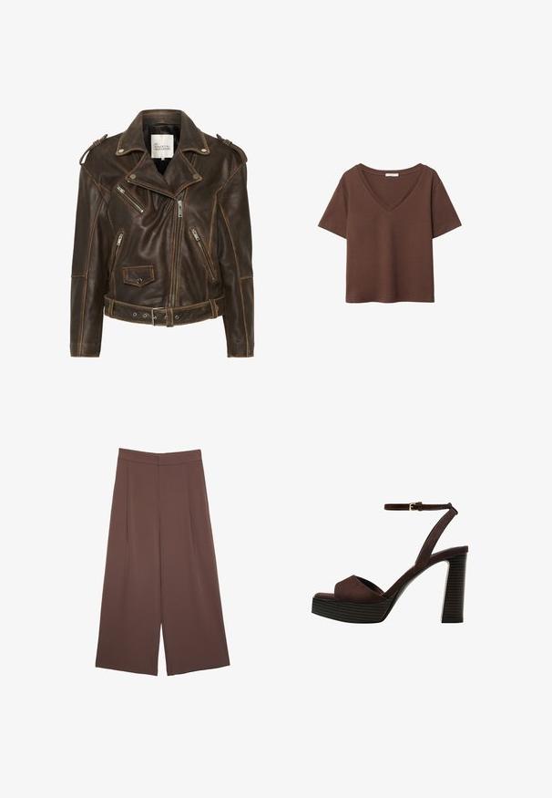 Hnedá kožená motocyklová bunda s viacerými zipsami, opaskom v páse a vypchatiami na pleciach. Má kontrastné prešívanie a štruktúrovaný povrch.; Hnedé bavlnené tričko s krátkymi rukávmi a hlbokým V-výstrihom. Jednoduchý dizajn, jemná textúra a rovný lem. Bez vzorov alebo akcentov.; Hnedé nohavice so širokými nohavicami a hladkou textúrou, s vysokým pásom a prednými skladmi. Tkanina je ľahká a voľne sa pohybuje.; Hnedé semišové sandále na vysokom podpätku s otvorenou špičkou, nastaviteľným členkovým remienkom a pruhovanou platformovou podrážkou.