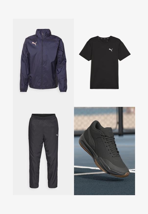 Navyblaue Windbreaker-Jacke aus leichtem, glattem Material; verfügt über einen hohen Kragen, einen durchgehenden Reißverschluss und ein pinkes Puma-Logo auf der Brust.; Schwarz, kurzärmliges Sport-T-Shirt aus synthetischem Fabric, mit einem weißen Puma-Logo auf der oberen linken Brust. Glatte Textur, Rundhalsausschnitt.; Schwarze Sporthosen aus glattem, leichtem Material. Sie verfügen über einen elastischen Bund und ein kleines weißes Logo auf der linken Seite.; Schwarzer Sportschuh mit glattem Synthetik-Obermaterial, strukturierten Akzenten und einer Gummisohle, die für Leistung und Komfort entwickelt wurde.