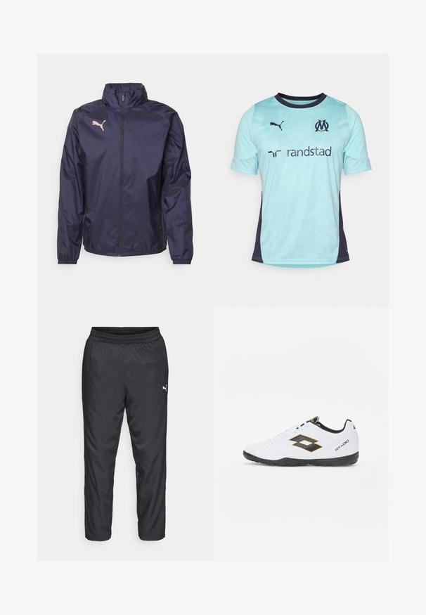 Navyblaue Windbreaker-Jacke aus leichtem, glattem Material; verfügt über einen hohen Kragen, einen durchgehenden Reißverschluss und ein pinkes Puma-Logo auf der Brust.; Helles blaues Fußballtrikot mit kurzen Ärmeln und dunklen Marine-Akzenten, das ein strukturiertes Muster aufweist, einen Rundhalsausschnitt hat und Logos auf der Brust und den Ärmeln trägt.; Schwarze Sporthosen aus glattem, leichtem Material. Sie verfügen über einen elastischen Bund und ein kleines weißes Logo auf der linken Seite.; Weiße Sportschuhe mit schwarzen und gelben Akzenten, ausgestattet mit einem strukturierten Obermaterial, runder Schuhspitze und einer schwarzen Gummisohle. Das Design beinhaltet ein Logodetail an der Seite.