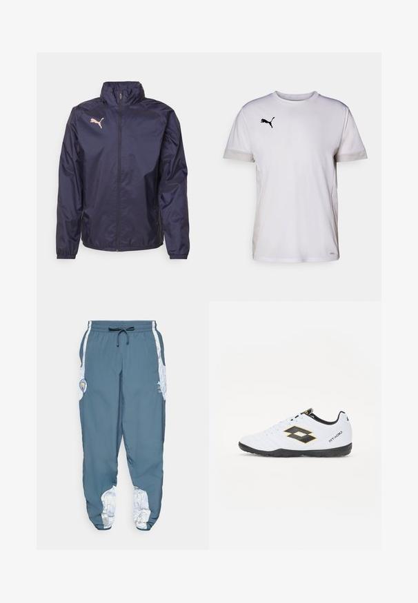 Navy blue windbreaker jacket made of lightweight, smooth material; features a high collar, full zipper, and a pink Puma logo on the chest.; White short-sleeve athletic shirt with a round neckline, featuring breathable mesh accents on the sides and a black Puma logo on the chest.; Track pants in blue fabric with elastic waistband and drawstring. Side accents feature a white pattern. Includes a brand logo patch.; White sports shoes with black and yellow accents, featuring a textured upper, round toe, and a black rubber sole. The design includes a logo detail on the side.