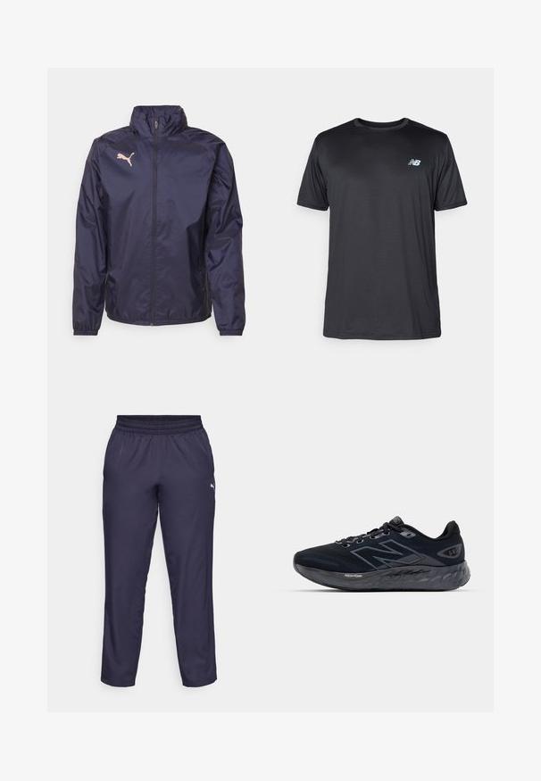 Navy blauwe windbreaker jas van lichtgewicht, glad materiaal; beschikt over een hoge kraag, volledige rits en een roze Puma-logo op de borst.; New Balance Sport T-shirt - black; Marineblauwe sportbroek gemaakt van lichte stof, met een elastische tailleband en een klein wit logo aan de linkerkant. Glad textuur.; Herensportschoenen in zwart mesh met een dikke grijze zool, cirkelpatroon en reflecterende accenten. Bevat het "New Balance" logo aan de zijkant.