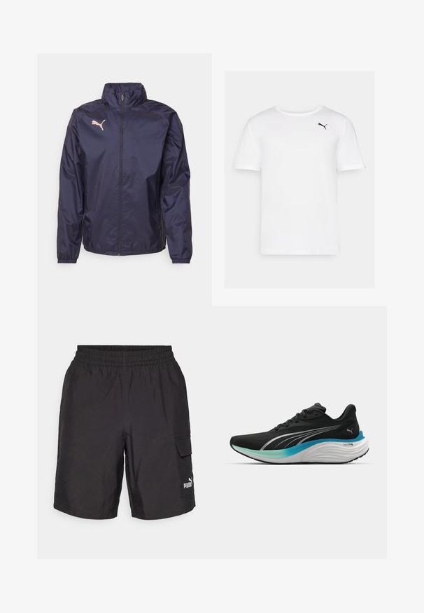 Tumed sinine tuulejakker, mis on valmistatud kergest ja siledast materjalist; sisaldab kõrget kraed, täispikkuse lukku ja roosa Puma logo rinnal.; Valge lühikeste varrukatega t-särk sujuvast kangast, millel on vasakul rinnal väike must Puma logo. Ümar kaelus, ilma mustriteta.; Mustad cargo lühikesed püksid elastse taljega, küljetaskud ja valge Puma logo vasakul jalal. Valmistatud kergest kangast.; Musthave mustandus mustat jalatsid, millel on õhku läbilaskev pealis, hõbedased detailid ja pehme vahekiht, millel on sinise-rohelise gradatsiooniga kujundus.