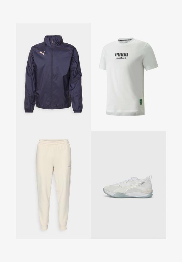 Námornícky modrá vetrovka vyrobená z ľahkého, hladkého materiálu; má vysoký golier, celoprepínací zips a ružové logo Puma na hrudi.; Biele bavlnené tričko s čiernymi logami "PUMA" a "MINECRAFT" na prednej strane, so zeleným emblémom Creepera z Minecraftu na okraji.; Svetloružové teplákové nohavice s viazaním, s elastickým pásom, s manžetami na členkoch, bočnými vreckami a malým logom na ľavom stehne.; Biele atletické topánky so sieťovaným zvrškom, textúrovanými prekrytiami a priehľadnou podrážkou. Obsahujú šnurovací dizajn a zadnú pútku pre jednoduché obúvanie.