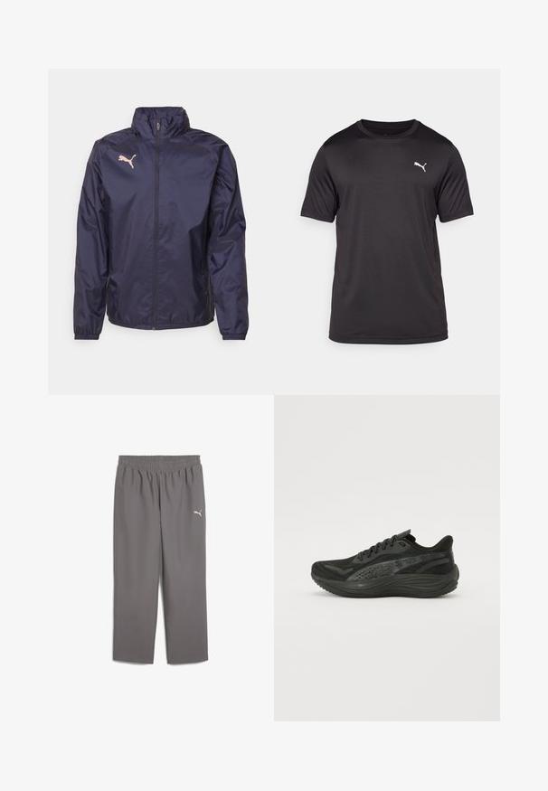 Navy blue windbreaker jacket made of lightweight, smooth material; features a high collar, full zipper, and a pink Puma logo on the chest.; Black athletic t-shirt made of moisture-wicking fabric, round neck, short sleeves, featuring a small white logo on the left chest.; Gray athletic pants with an elastic waistband, made of lightweight fabric. Features a small white logo on the left leg.; Black athletic shoe with a textured mesh upper, flat laces, and a cushioned sole featuring subtle reflective accents.