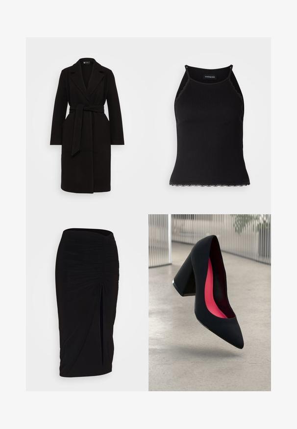 Crni vuno kaput s ogrtačem, remenom u struku, dugim rukavima i bočnim džepovima, s čistim, elegantnim dizajnom.; Crna ženska majica bez rukava s rebrastim uzorkom i čipkastim obrubom na donjem dijelu. Ima tanke naramenice i prilagođen dizajn. Izrađena od rastezljivog materijala.; Crna, nabrana suknja olovka s detaljem vezanja i bočnim prorezom. Izrađena od rastezljivog materijala, s glatkom teksturom i prilagođenim dizajnom.; Crna visoka potpetica s oštrim vrhom, teksturiranom površinom i živopisnom ružičastom unutrašnjošću. Ima masivnu potpeticu s srebrnim detaljem.