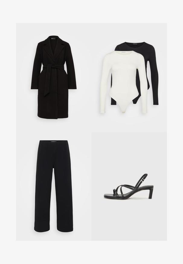 Fekete gyapjúkabát sálpólóval, öves derékkal, hosszú ujjakkal és oldalsó zsebekkel, letisztult, áttekinthető formával.; Két hosszú ujjú bodyn fehér és fekete színben. Simább anyagból készült, kerek nyakkivágással és tanga fazonú alsó résszel a simább viselet érdekében.; Fekete, bő szárú nadrág, elasztikus derékkal. Texturált anyagból készült, laza szabású, egyenesen vágva a csípőtől a szegélyig.; Fekete pántos szandál négyzetes orral és alacsony blokk sarkal. Több vékony pánttal és állítható boka pánttal rendelkezik. Sima bőrből készült.