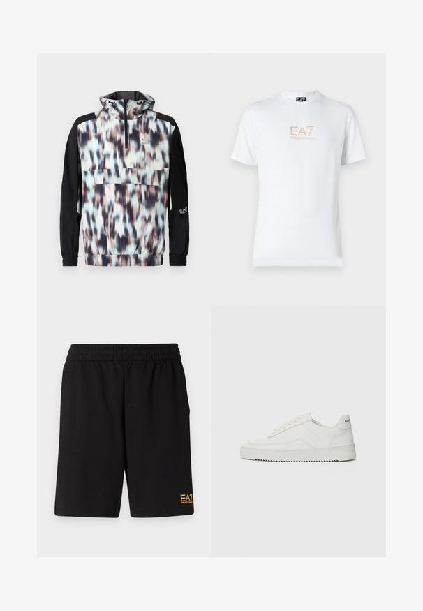 Barvna jakna iz vetrovke z zamegljenim abstraktnim vzorcem v odtenkih modre, breskove in črne, z pol zapenjanjem in elastičnimi manšetami.; Bela bombažna majica s krožnim izrezom in kratkimi rokavi, s pozlačenim logotipom EA7 Emporio Armani natisnjenim spredaj.; Črne športne kratke hlače iz mehkega blaga, z elastičnim pasom in majhnim rumenim logotipom EA7 na spodnjem levem delu noge.; Bela usnjena športna obutev z gladko površino, okroglo prst, ravne vezalke in teksturiran podplat. Ima diskretno logo na peti.