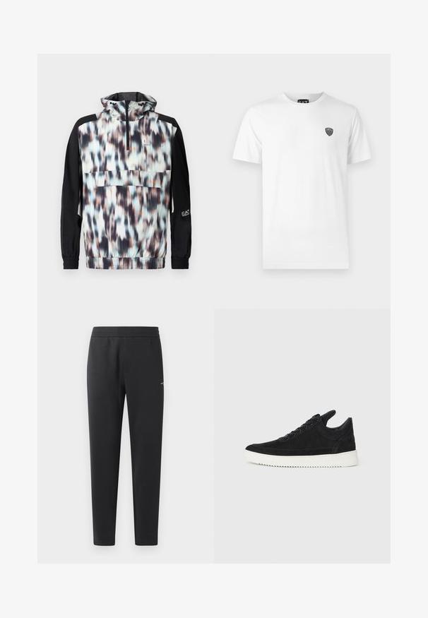 Fargerik vindtett jakke med et uskarpt abstrakt mønster i blå, fersken og svart, med halv-glidelås og elastiske mansjetter.; Hvit bomulls T-skjorte med korte ermer, med en liten svart logo på venstre brystområde. Klassisk rundhalsdesignet.; Sorte joggebukser laget av myk stoff, med elastisk midjebånd, rette ben og en liten logo detalj på siden.; Sorte semskede sneakers med hvit gummisåle, med tonale sømmer og snøring. Glatt tekstur med en moderne, strømlinjeformet form.