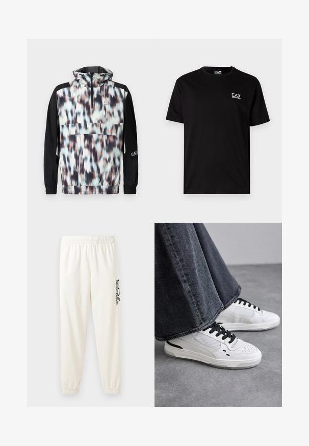Spalvinga vėjyje atspari striukė su neryškia abstrakta raštu mėlynos, persiko ir juodos spalvų atspalviuose, su puse užtrauktuko ir elastingais rankogaliais.; Juodas medvilninis marškinėliai su trumpomis rankovėmis, apvaliu kaklu ir mažu baltu EA7 logotipu kairėje krūtinės pusėje. Lygi tekstūra, įprasta forma.; Šviesiai smėlinės spalvos sportinės kelnės su elastine juosta ir elastiniais rankogaliais. Kairėje kojoje yra juodai spausdintas logotipas. Minkšta audinio tekstūra.; Balsuoti baltieji sportbačiai su juodomis raištelėmis ir tinklo detalėmis. Turintys lygią odinę viršutinę dalį ir tekstūruotą gumos padą. Su plačiais pilkais džinsais.