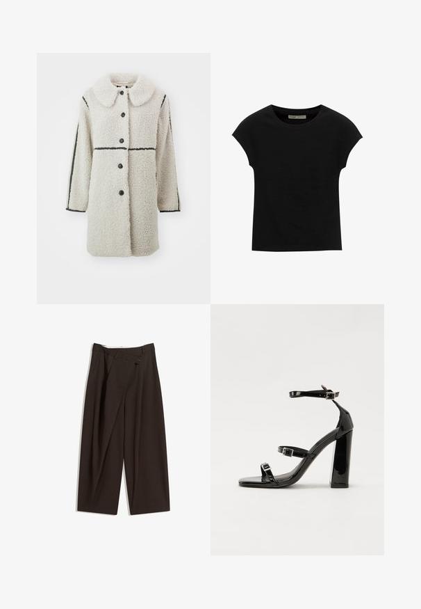 Fleece kabát krémszínben, nagy gallérral, fekete gombos záródással és kontrasztos fekete vízszintes csíkokkal az ujjakon.; Fekete rövid ujjú póló kerek nyakkivágással. Sima, rugalmas pamut anyagból készült. Egyszerű kialakítás, minták vagy grafikák nélkül.; Sötétbarna, bő szárú nadrág magas derékkal, egyetlen gombos záródással és redős elülső résszel. Könnyű anyagból készült.; Fekete lakk magas sarkú szandál négyzet alakú orral, bokapántokkal és ezüst csatokat tartalmaz. Masszív blokk sarka a stabilitásért felel.