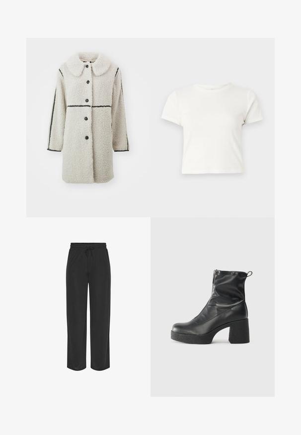 Off-white fleecemantel suure krae, mustad nööbid ja kontrastsed mustad horisontaalsed jooned varrukatel.; Lühike valge T-särk, mis on valmistatud puuvillast, lühikeste varrukatega, ümmarguse kaelusega ja sirge lõikega, omades sileda tekstuuri ja minimaalset disaini.; Mustad, kerge jooksmispüksid elastse vöökohaga ja reguleeritava paelaga. Sirge jala disain, sile tekstuur ja ilma mustriteta.; Mustad mustad ansapüksid, mis on valmistatud siledast nahast, külje zipperiga, paksu tekstuuriga kontsaga ja ümmarguse nina disainiga.