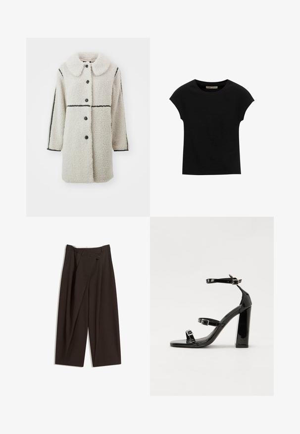 Fleece-Mantel in Off-White mit großem Kragen, schwarzen Knopfverschlüssen und kontrastierenden schwarzen horizontalen Linien an den Ärmeln.; Schwarzes Kurzarm-T-Shirt aus weichem Stoff, mit Rundhalsausschnitt und lockerer Passform, glatter Textur und ohne Muster.; Dunkelbraune, weite Hosen mit hohem Bund, die über einen einzigen Knopfverschluss und eine gefaltete Vorderseite verfügen. Hergestellt aus leichtem Stoff.; Schwarze patentierte Sandalen mit Absatz, quadratischer Spitze, Knöchelriemen und silbernen Schnallen. Mit einem stabilen Blockabsatz für mehr Stabilität.