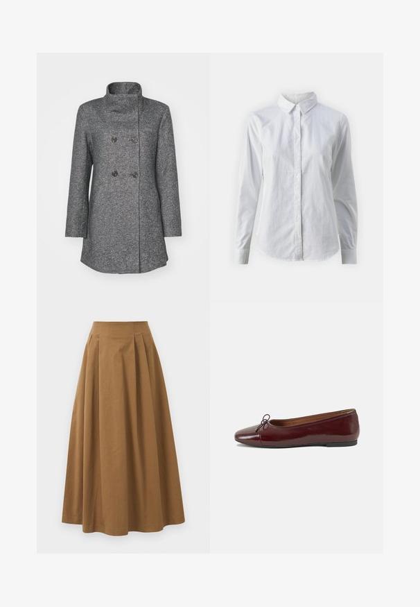 Cappotto grigio in misto lana con colletto alto, chiusura doppiopetto, due grandi bottoni e maniche lunghe. Tessuto testurizzato con un motivo sottile.; Camicia bianca con bottoni, realizzata in cotone liscio, dotata di un colletto classico, maniche lunghe e orlo curvo. I bottoni sono piccoli e bianchi.; Gonna A-line in cotone marrone con vita alta, caratterizzata da pince sulla parte anteriore e una texture liscia. Le finiture dell'orlo sono pulite e semplici.; Ballerine in pelle verniciata bordeaux con punta arrotondata, piccolo fiocco decorativo sulla parte anteriore e suola bassa in gomma nera. Texture liscia.