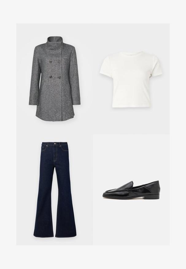 Pilkas vilnos mišinys paltas su aukštu apykakle, dvigubais sagais, dviem didelėmis sagomis ir ilgomis rankovėmis. Tekstūruotas audinys su subtiliu raštu.; Trumpa balta medvilnės marškinėliai su trumpomis rankovėmis, apvaliu kaklu ir tiesiu hemu, pasižyminti lygiu tekstūriu ir minimaliu dizainu.; Tamsiai mėlynos platėjančios džinsinės kelnės su aukštu liemeniu, priekiniu kišenėmis ir auksinėmis siūlėmis. Lygus paviršius su tradiciniu kirpimu.; Juodos odinės loafer tipo bateliai su lygiu paviršiumi, turintys siuvinėtą dizainą priekyje ir žemą kvadratinį kulną.
