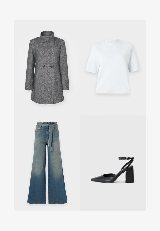 Hallhalli villasegu mantel kõrge kraega, kahepoolselt nööpidega esiküljega, kahe suure nööbiga ja pikkade varrukatega. Tekstuuriga kangas, kus on peen muster.; Hele sinine lühikeste varrukatega T-särk, mis on valmistatud pehmest puuvillast. Omab klassikalist ümmargust kaelust ja lõdvestunud lõiget, ilma mustrite või aktsentideta.; Laiad denimpüksid, millel on hele tume sinine gradiendiefekt, kõrge vöökoht, vöökumlid ja sobivast kangast vöö. Struktureeritud denimi viimistlus.; Mustmustest must-käigukingad, millel on konksuga nöör ja paks konts. Ühtlane tekstuur, stiilne disain ja minimalistlik esteetika.