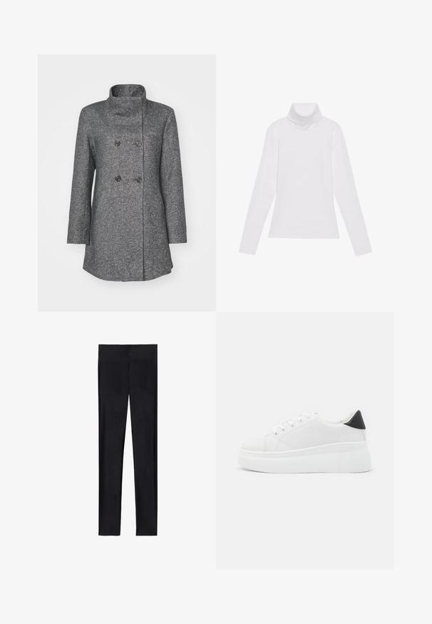 Abrigo de mezcla de lana gris con un alto cuello, cierre de botonadura doble en la parte delantera, dos botones grandes y mangas largas. Tela texturizada con un sutil patrón.; Top blanco de manga larga y cuello alto, confeccionado en una tela suave y elástica. Presenta un diseño ajustado, sin patrones o adornos visibles.; Leggings negros hechos de tela elástica; presentan una textura suave, diseño de pierna completa y una cinturilla elástica sin costuras visibles.; Zapatillas de plataforma blancas hechas de material sintético suave, con punta redondeada, diseño de cordones y suela de goma texturizada. Acento en el talón negro.