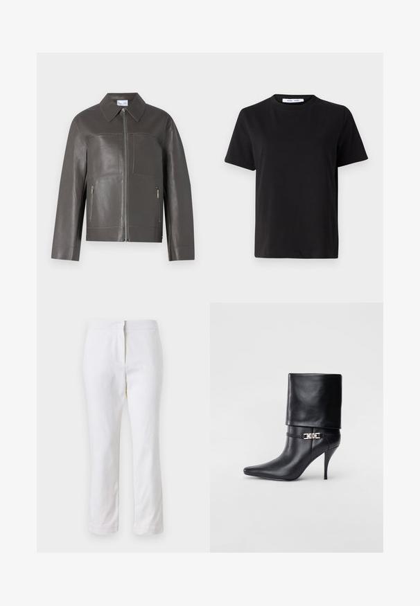 Pilkos odos striukė su užtrauktuku priekyje, smailiu apykakle ir dviem užtrauktukais šoninėse kišenėse. Išsiskiria glotnia tekstūra ir minimalizmo dizainu.; Juodas trumpas rankovės marškinėliai, pagaminti iš minkštos medvilnės, su apvaliu iškirpimu, laisvu pritaikymu ir lygiu paviršiumi. Nėra matomų raštų ar grafikos.; Balti medvilniniai kelnių su tiesiu kojų dizainu, turintys vidutinį liemenį ir be matomų detalių ar raštų. Lygi tekstūra visame paviršiuje.; Juodos odinės kulkšninių botų su smailiu nosiu, aukštu stiletto kulnu, apvyniojamu kraštu ir auksine dekoratyvine sagtimi prie kulkšnies.